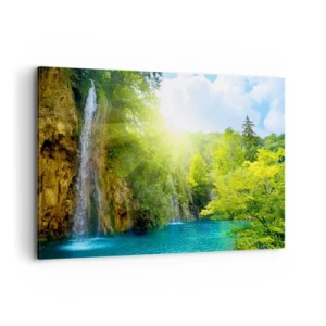 Cuadro sobre lienzo - Impresión de Imagen - Una cascada que desemboca en un lago turquesa rodeado de vegetación. - 120x80cm - Debe ser el Edén - Decoración de pared moderna para salón y dormitorio ARTTOR