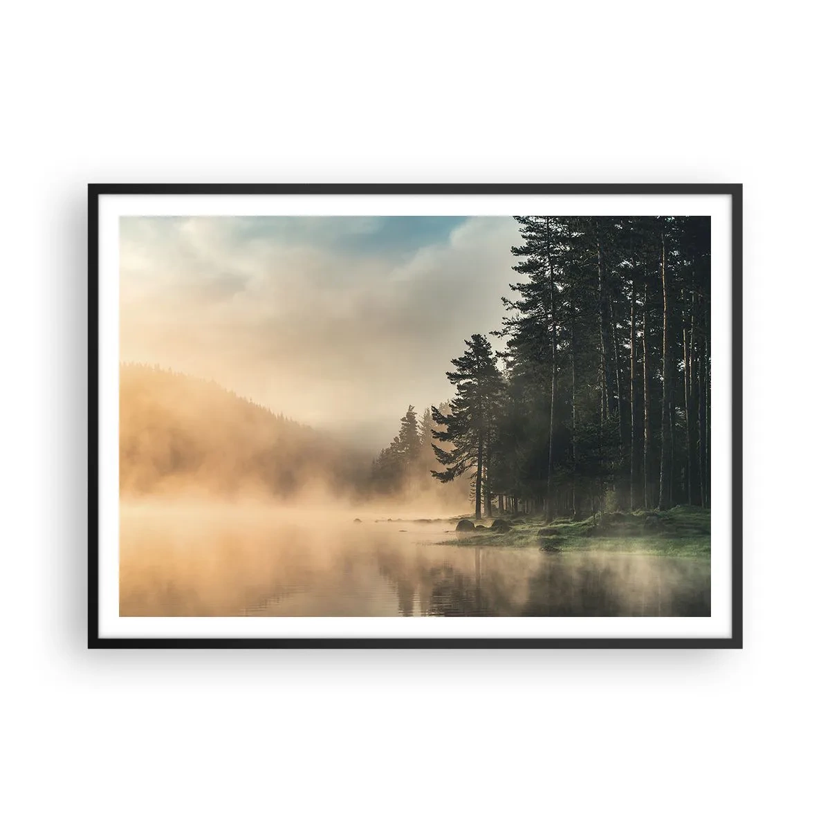 Póster en marco negro - Un bosque brumoso sobre un lago tranquilo. - 100x70cm - El nacimiento de un día - Decoración de pared moderna para salón y dormitorio ARTTOR