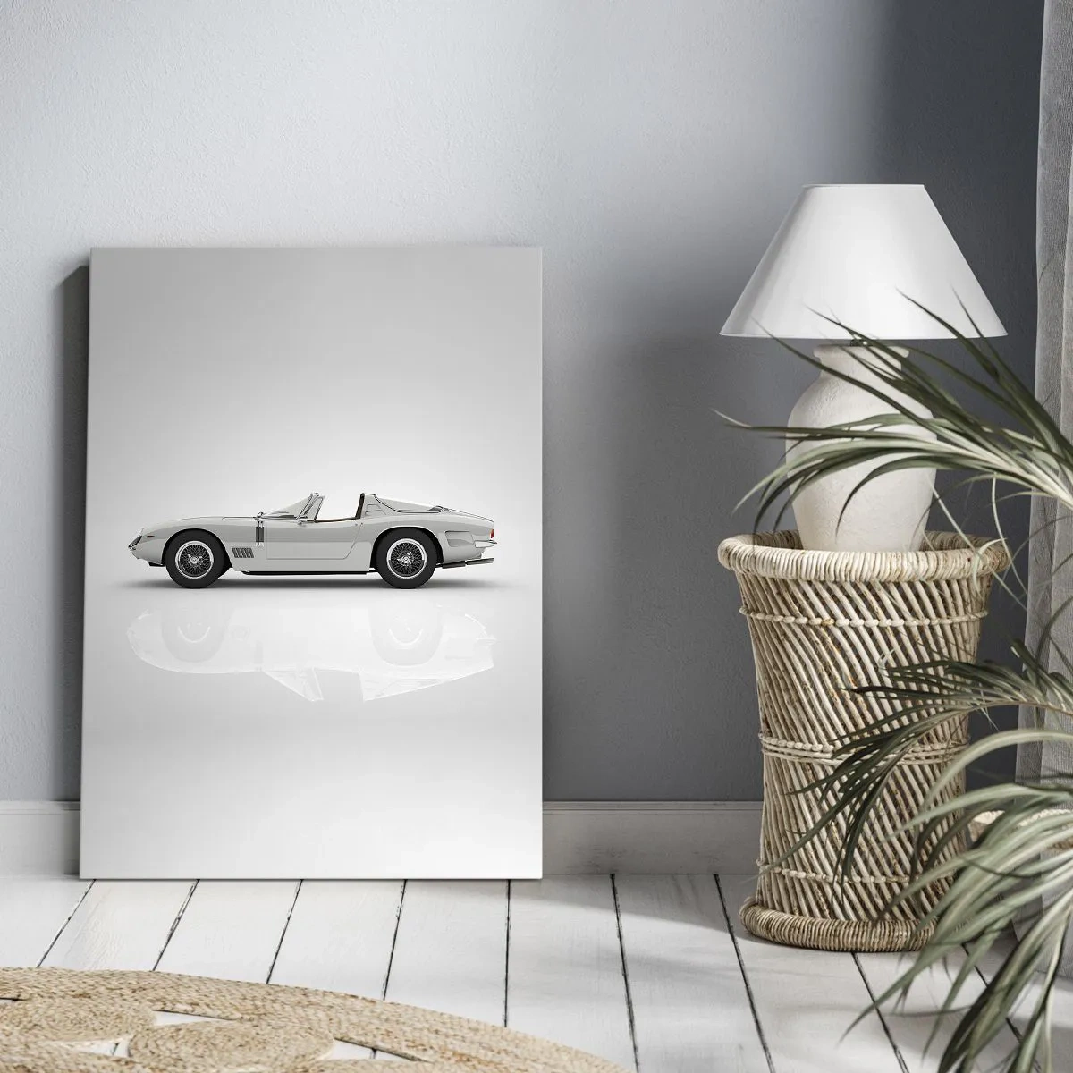 Cuadro sobre lienzo - Impresión de Imagen - Clásico convertible blanco sobre fondo claro. - 70x100cm - Una promesa de diversión - Decoración de pared moderna para salón y dormitorio ARTTOR