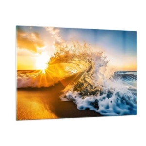 Cuadro sobre vidrio - Impresiones sobre Vidrio - Una ola rompiendo contra la orilla, iluminada por los rayos del sol poniente. - 120x80cm - Jugando en la arena - Decoración de pared moderna para salón y dormitorio ARTTOR