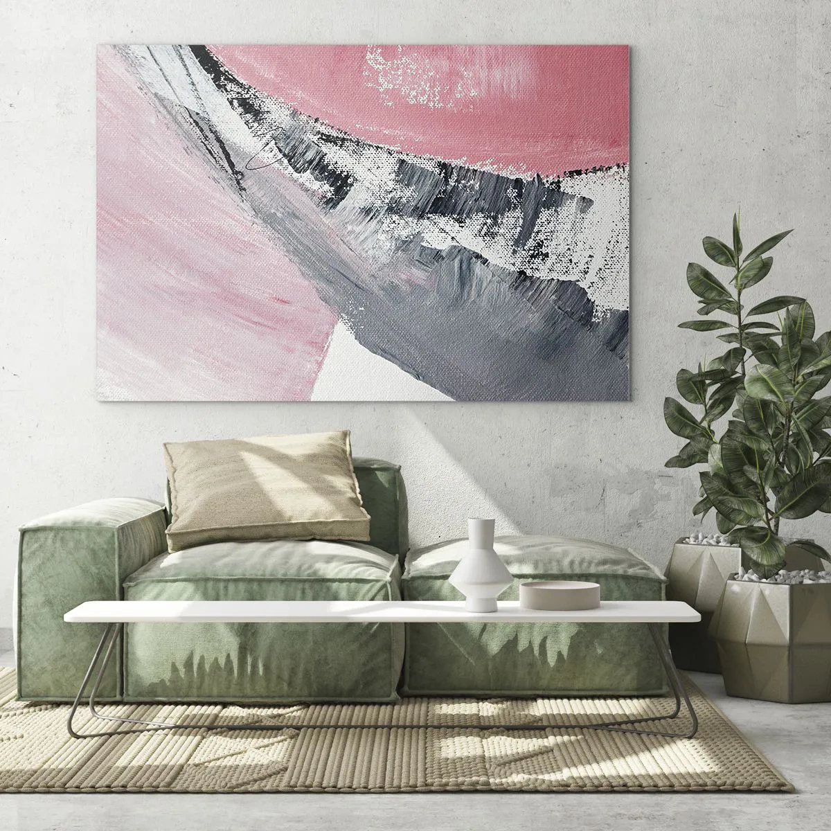 Cuadro sobre vidrio - Impresiones sobre Vidrio - Abstracción moderna en rosa, blanco y gris con textura de pinceladas. - 70x50cm - Composición a juego - Decoración de pared moderna para salón y dormitorio ARTTOR