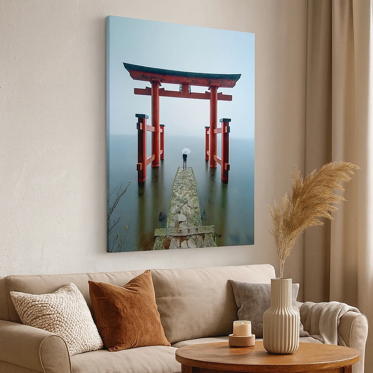 Cuadro sobre lienzo - Impresión de Imagen - Una puerta torii con vistas a un lago tranquilo en Japón - 50x70cm - Ensueño japonés - Decoración de pared moderna para salón y dormitorio ARTTOR