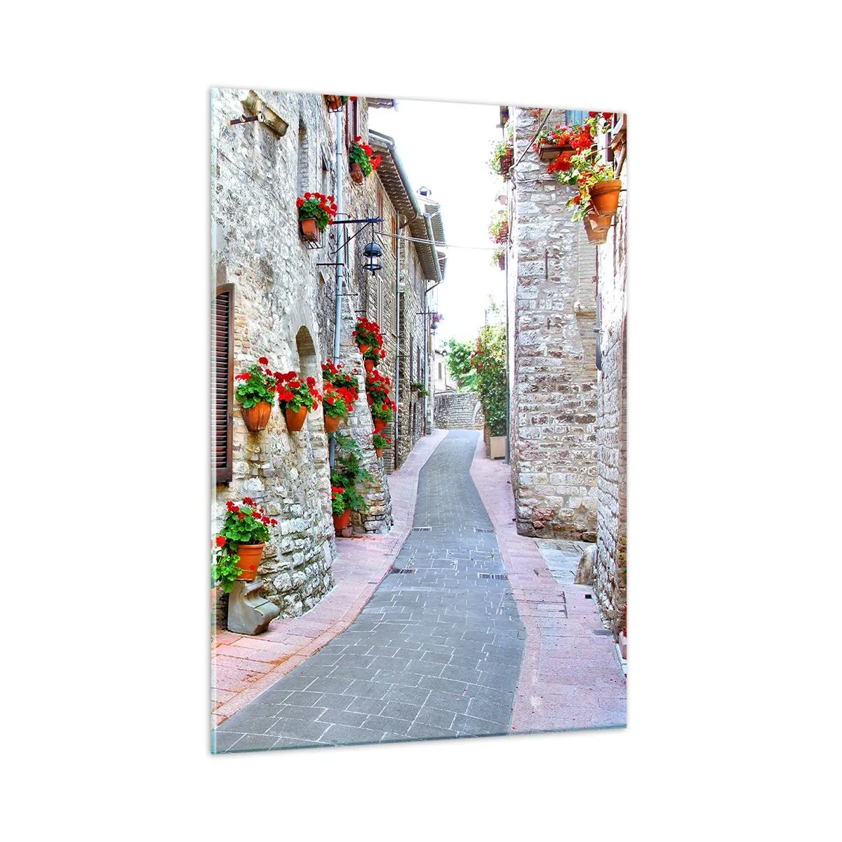 Cuadro sobre vidrio - Impresiones sobre Vidrio - Una calle pintoresca con paredes de piedra y flores rojas. - 50x70cm - Ambiente italiano - Decoración de pared moderna para salón y dormitorio ARTTOR