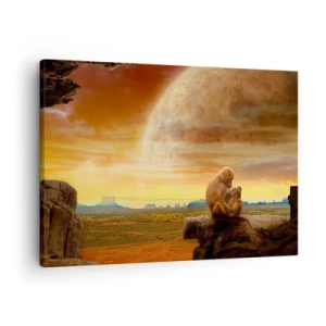 Cuadro sobre lienzo - Impresión de Imagen - Monos sentados en una roca en un paisaje surrealista con un planeta gigante. - 70x50cm - El amor es igual en todas partes - Decoración de pared moderna para salón y dormitorio ARTTOR