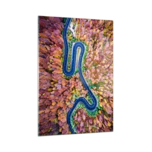 Cuadro sobre vidrio - Impresiones sobre Vidrio - Una vista de pájaro de un camino sinuoso entre coloridos árboles otoñales. - 50x70cm - Un camino sinuoso a través del bosque - Decoración de pared moderna para salón y dormitorio ARTTOR