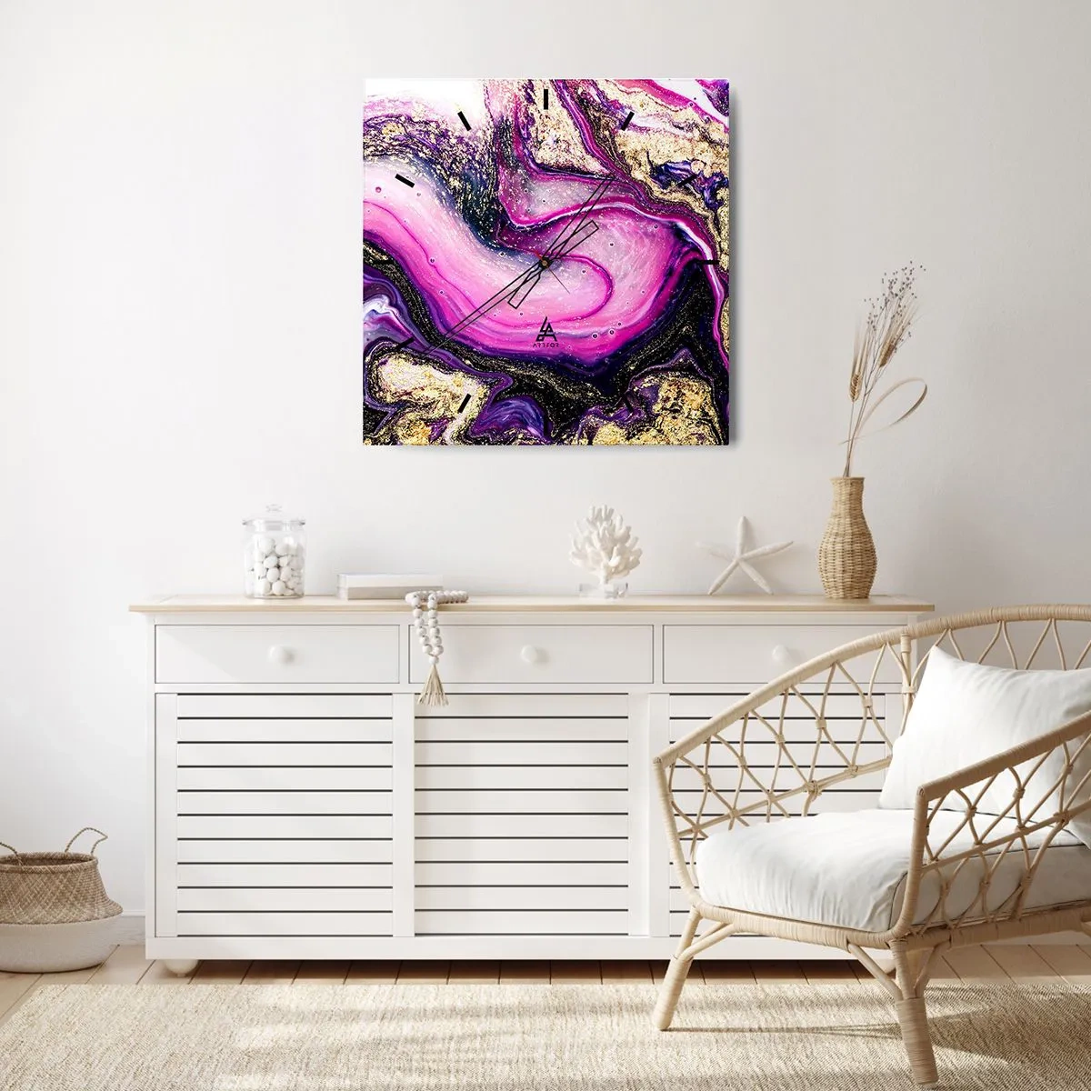 Reloj de pared - Reloj de vidrio - Ondas abstractas en tonos morados y dorados. - 30x30cm - Un momento abstracto - Decoración de pared moderna para salón y dormitorio ARTTOR