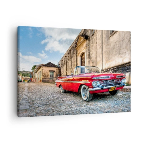 Cuadro sobre lienzo - Impresión de Imagen - Coche clásico rojo en una calle adoquinada - 70x50cm - Emociones cubanas - Decoración de pared moderna para salón y dormitorio ARTTOR