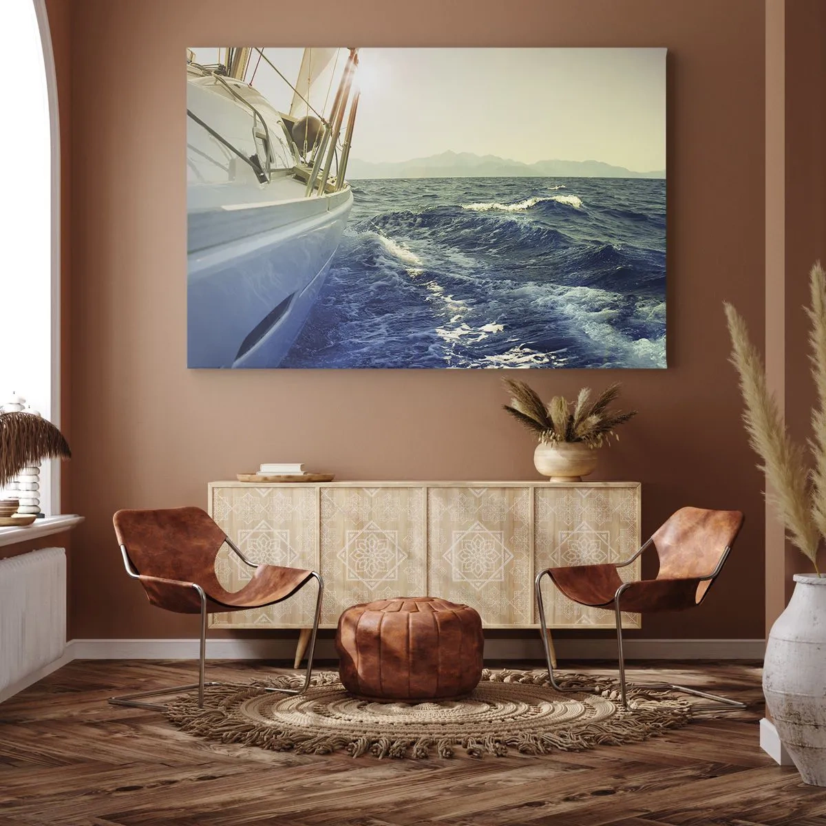 Cuadro sobre lienzo - Impresión de Imagen - Un yate en mar abierto con vistas a las olas. - 70x50cm - Para una aventura - Decoración de pared moderna para salón y dormitorio ARTTOR