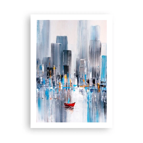 Póster - Una pintura abstracta que representa el horizonte de una ciudad sobre el agua con un barco rojo. - 50x70cm - Metrópolis junto a la bahía - Decoración de pared moderna para salón y dormitorio ARTTOR