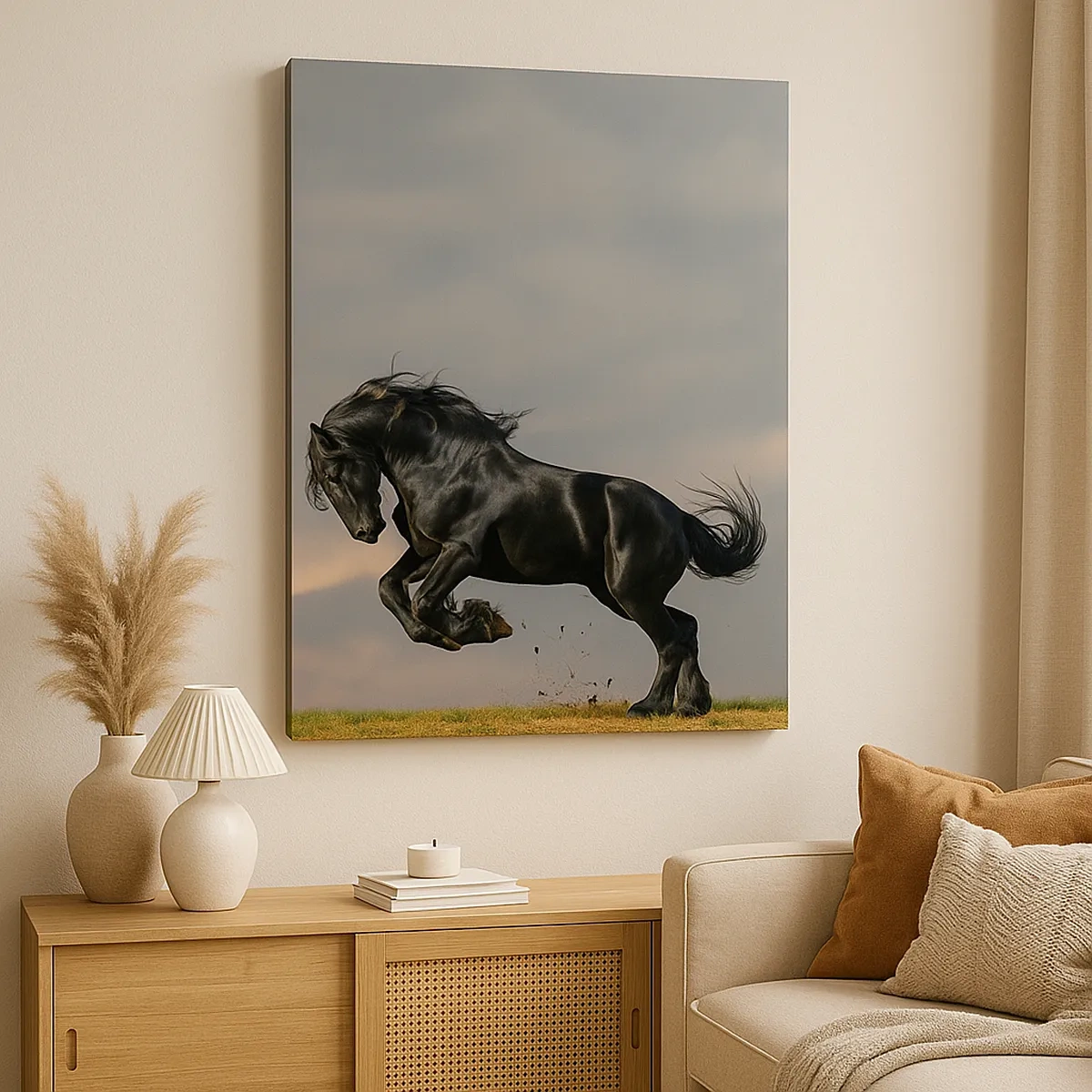Cuadro sobre lienzo - Impresión de Imagen - Un caballo oscuro en un salto dinámico contra el cielo. - 50x70cm - Hermoso y libre - Decoración de pared moderna para salón y dormitorio ARTTOR