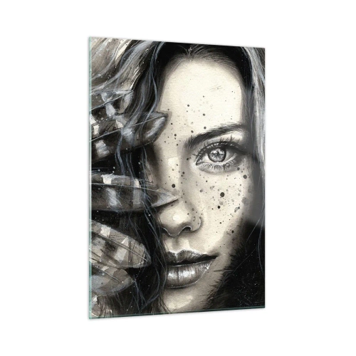 Cuadro sobre vidrio - Impresiones sobre Vidrio - Retrato de una mujer con plumas y detalles abstractos. - 50x70cm - Belleza salvaje - Decoración de pared moderna para salón y dormitorio ARTTOR