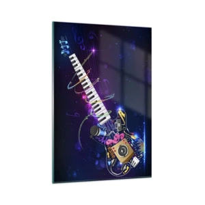Cuadro sobre vidrio - Impresiones sobre Vidrio - Una guitarra colorida con un teclado y un micrófono sobre un fondo oscuro. - 80x120cm - El poder del ritmo - Decoración de pared moderna para salón y dormitorio ARTTOR