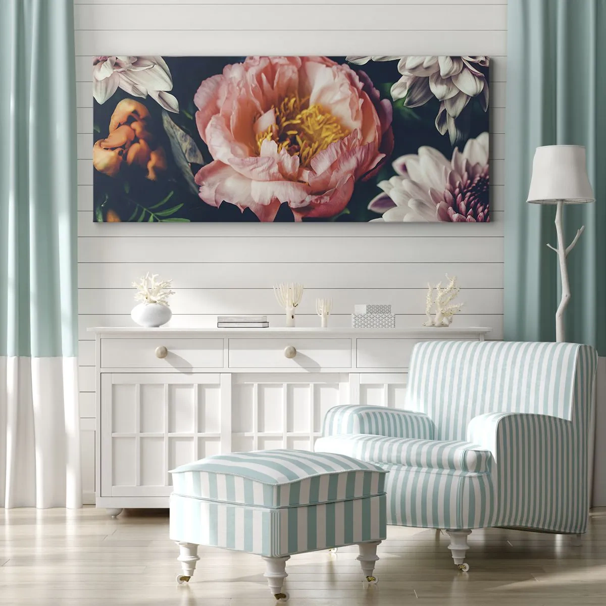 Cuadro sobre lienzo - Impresión de Imagen - Arreglo floral con peonías y crisantemos sobre fondo oscuro. - 160x50cm - Con esplendor barroco - Decoración de pared moderna para salón y dormitorio ARTTOR