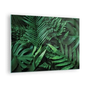 Cuadro sobre vidrio - Impresiones sobre Vidrio - Densas hojas verdes de plantas tropicales en la composición. - 70x50cm - Abrazo verde - Decoración de pared moderna para salón y dormitorio ARTTOR