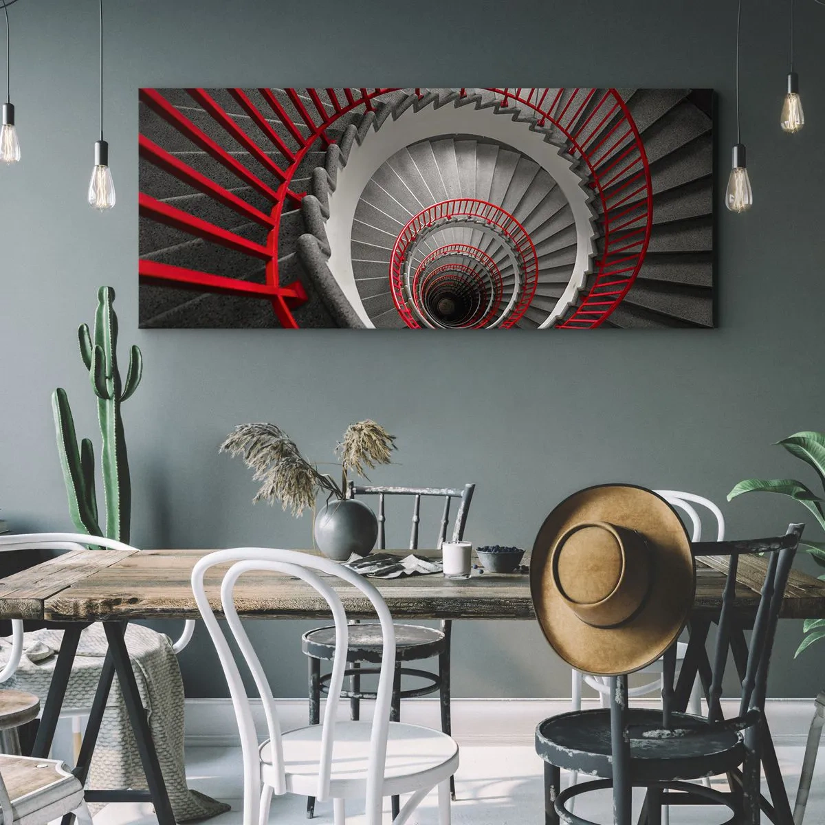 Cuadro sobre lienzo - Impresión de Imagen - Escalera de caracol con pasamanos rojos en perspectiva dinámica. - 160x50cm - Juegos arquitectónicos - Decoración de pared moderna para salón y dormitorio ARTTOR