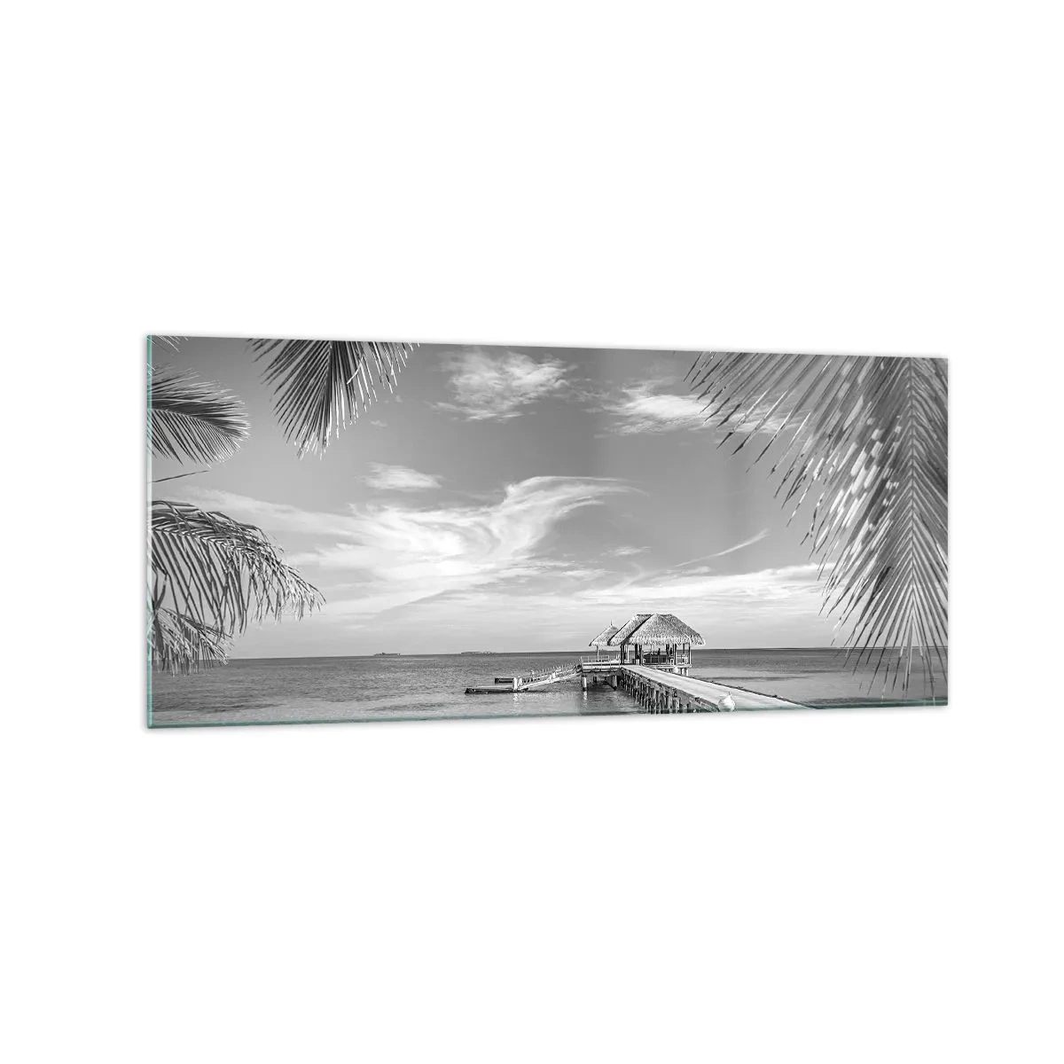 Cuadro sobre vidrio - Impresiones sobre Vidrio - Playa blanca y negra con muelle y palmeras en una costa tropical - 120x50cm - ¿Un recuerdo o un sueño? - Decoración de pared moderna para salón y dormitorio ARTTOR