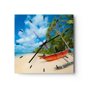 Reloj de pared - Reloj de vidrio - Playa tropical con palmeras y barcos coloridos. - 30x30cm - El encanto de los trópicos - Decoración de pared moderna para salón y dormitorio ARTTOR