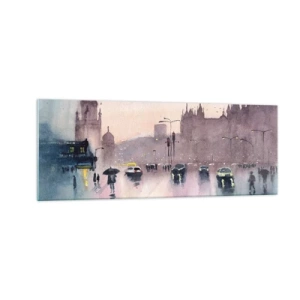 Cuadro sobre vidrio - Impresiones sobre Vidrio - Una calle de la ciudad al anochecer en estilo acuarela. - 140x50cm - En una niebla lluviosa - Decoración de pared moderna para salón y dormitorio ARTTOR