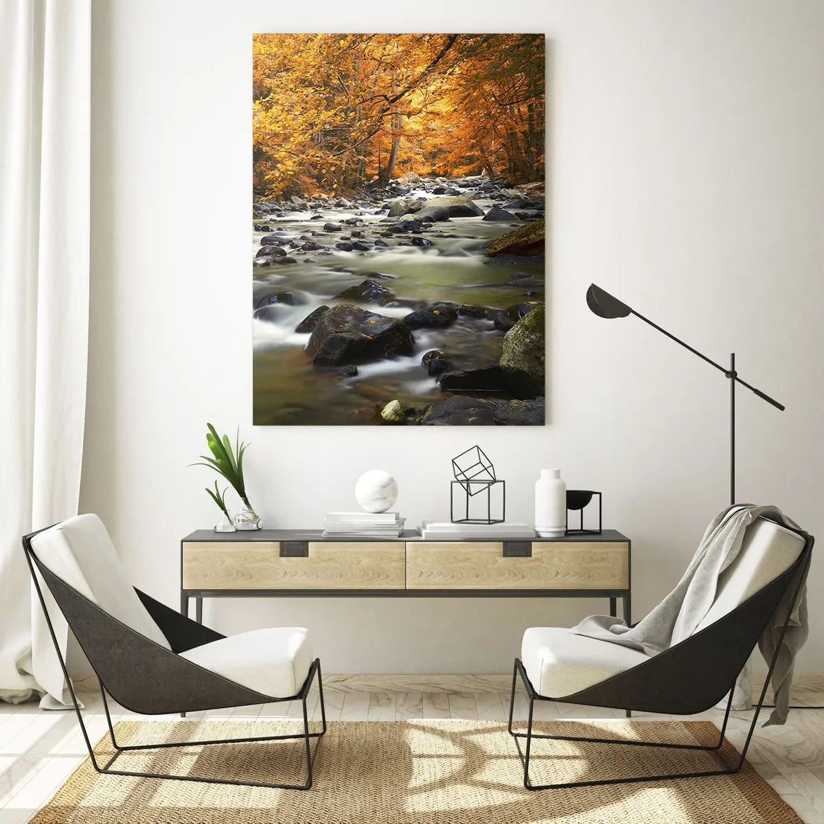 Cuadro sobre vidrio - Impresiones sobre Vidrio - Un arroyo en un bosque otoñal rodeado de hojas doradas. - 80x120cm - Un arroyo en un bosque dorado - Decoración de pared moderna para salón y dormitorio ARTTOR