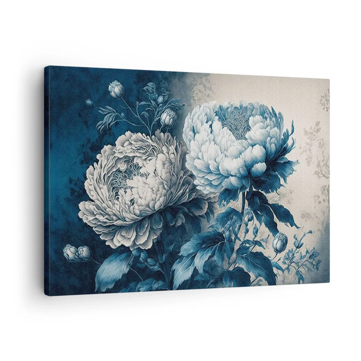 Cuadro sobre lienzo - Impresión de Imagen - Peonías azules sobre un fondo sutil con un patrón delicado. - 70x50cm - Una pareja unida - Decoración de pared moderna para salón y dormitorio ARTTOR