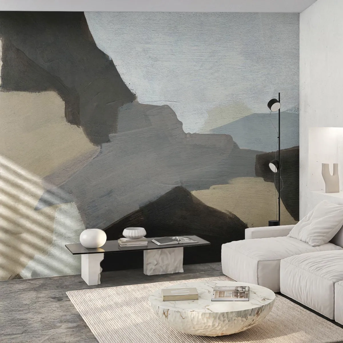 Fotomural Standard Eco - Una composición abstracta con manchas de gris y beige. - 100x70cm - Abstracción: partes del gris - Decoración de pared moderna para salón y dormitorio ARTTOR