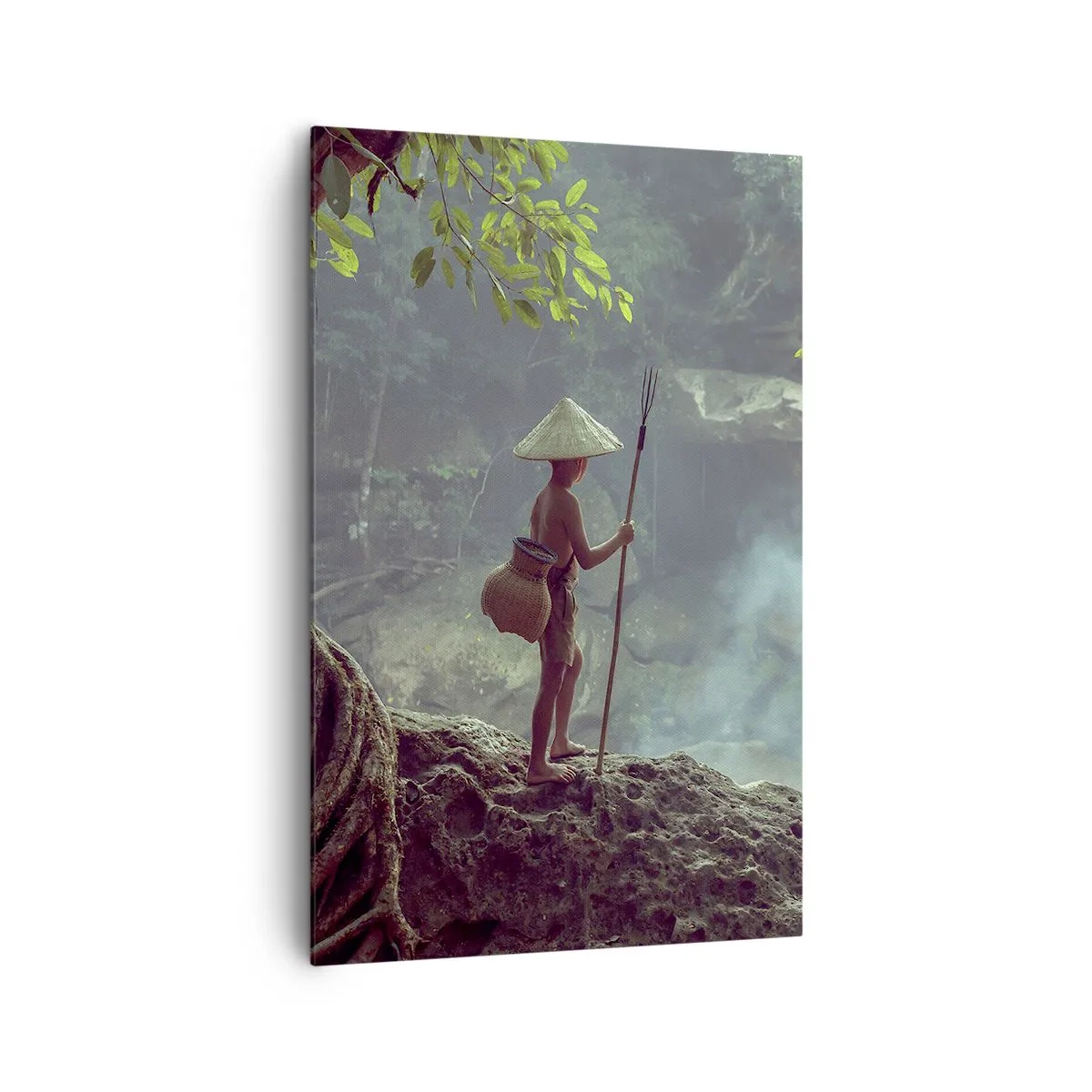 Cuadro sobre lienzo - Impresión de Imagen - Una figura con una lanza en una cascada en un bosque tropical. - 80x120cm - Amistad con la naturaleza - Decoración de pared moderna para salón y dormitorio ARTTOR