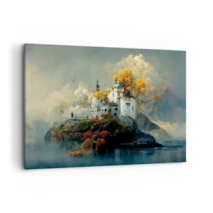 Cuadro sobre lienzo - Impresión de Imagen - Un castillo en una colina rodeado de árboles otoñales. - 100x70cm - El comienzo de una historia romántica - Decoración de pared moderna para salón y dormitorio ARTTOR