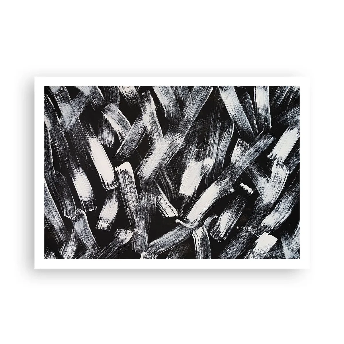 Póster - Abstracción dinámica con pinceladas blancas sobre fondo negro. - 100x70cm - Abstracción en el espíritu industrial - Decoración de pared moderna para salón y dormitorio ARTTOR