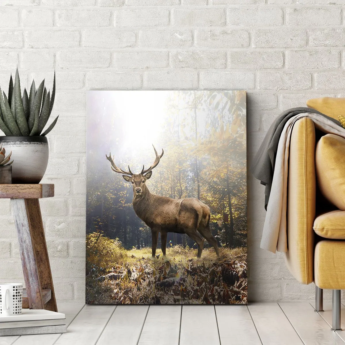 Cuadro sobre lienzo - Impresión de Imagen - Ciervos en el bosque otoñal con rayos de sol. - 50x70cm - Con toda la majestuosidad - Decoración de pared moderna para salón y dormitorio ARTTOR
