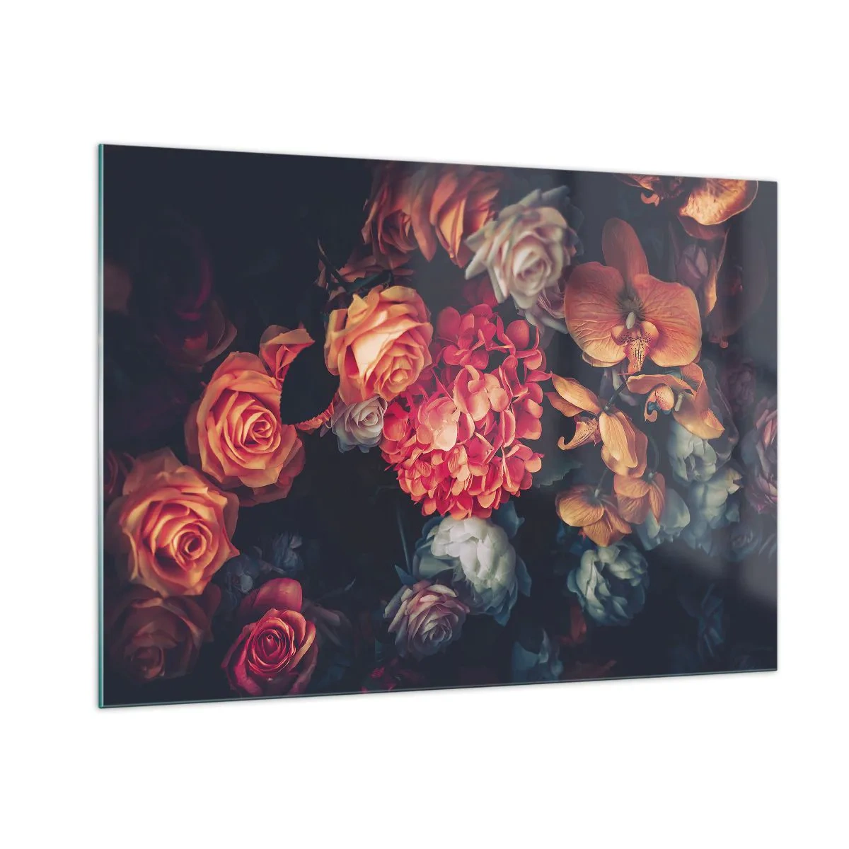 Cuadro sobre vidrio - Impresiones sobre Vidrio - Arreglo floral oscuro con rosas y orquídeas. - 100x70cm - Como los maestros holandeses - Decoración de pared moderna para salón y dormitorio ARTTOR