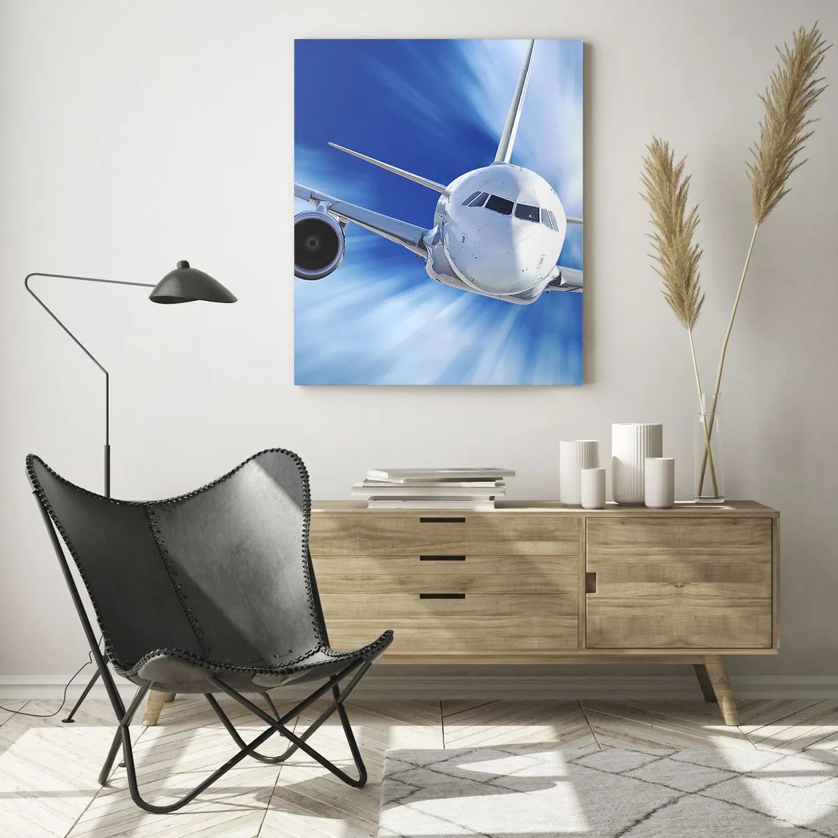 Cuadro sobre vidrio - Impresiones sobre Vidrio - Un avión de pasajeros en movimiento contra el cielo. - 80x120cm - Más rápido que el viento en el cielo - Decoración de pared moderna para salón y dormitorio ARTTOR
