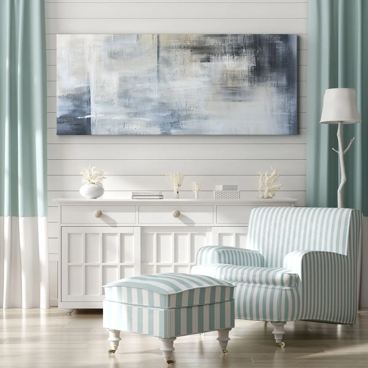 Cuadro sobre lienzo - Impresión de Imagen - Composición abstracta en tonos azules y grises. - 160x50cm - Detrás de un velo azul - Decoración de pared moderna para salón y dormitorio ARTTOR