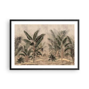 Póster en marco negro - Palmeras y vegetación tropical en tonos verdes sobre fondo beige. - 70x50cm - Grabados de estilo colonial - Decoración de pared moderna para salón y dormitorio ARTTOR