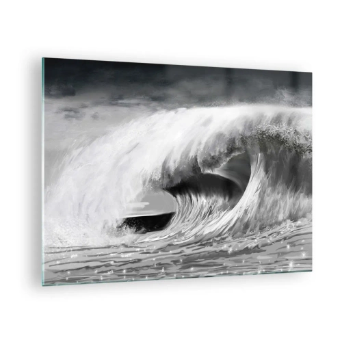 Cuadro sobre vidrio - Impresiones sobre Vidrio - Una poderosa ola capturada en una estética en blanco y negro. - 70x50cm - La ira del océano - Decoración de pared moderna para salón y dormitorio ARTTOR