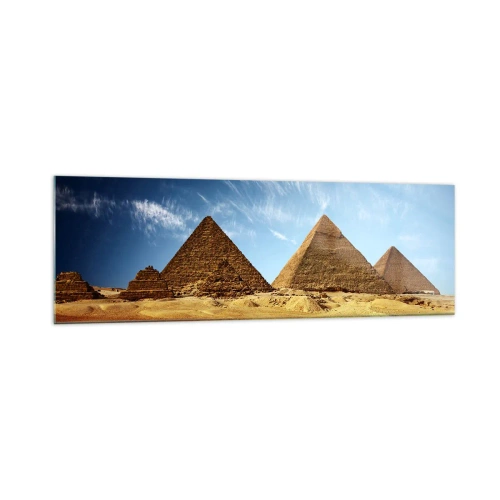 Cuadro sobre vidrio - Impresiones sobre Vidrio - Las pirámides de Giza contra un cielo azul y un paisaje desértico. - 160x50cm - 40 siglos te observan - Decoración de pared moderna para salón y dormitorio ARTTOR