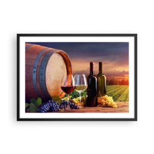 Póster en marco negro - Vino, copas y un barril en un paisaje pintoresco. - 70x50cm - Aquí la vida tiene un sabor - Decoración de pared moderna para salón y dormitorio ARTTOR
