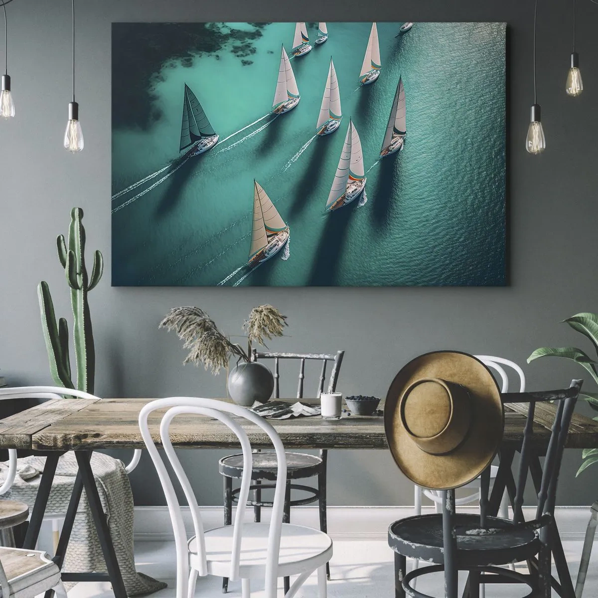 Cuadro sobre lienzo - Impresión de Imagen - Yates en aguas turquesas en movimiento dinámico - 70x50cm - En competición con el viento - Decoración de pared moderna para salón y dormitorio ARTTOR