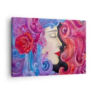 Cuadro sobre lienzo - Impresión de Imagen - Perfil colorido de una mujer en estilo artístico. - 70x50cm - Inspiración en rojo y violeta - Decoración de pared moderna para salón y dormitorio ARTTOR