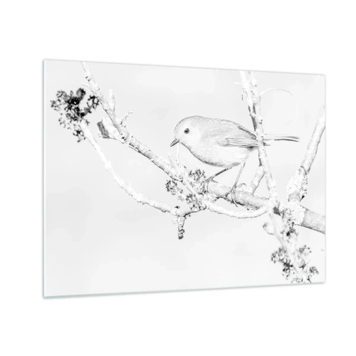 Cuadro sobre vidrio - Impresiones sobre Vidrio - Un pájaro posado en una rama en una escena invernal monocromática. - 70x50cm - Mañana de invierno - Decoración de pared moderna para salón y dormitorio ARTTOR