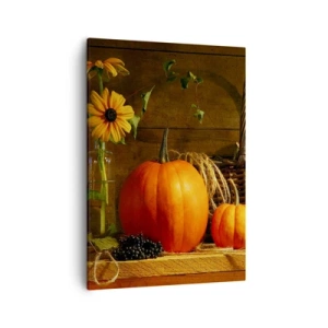 Cuadro sobre lienzo - Impresión de Imagen - Composición otoñal con calabazas y flores sobre un fondo de madera. - 50x70cm - Composición rústica - regalos de otoño - Decoración de pared moderna para salón y dormitorio ARTTOR