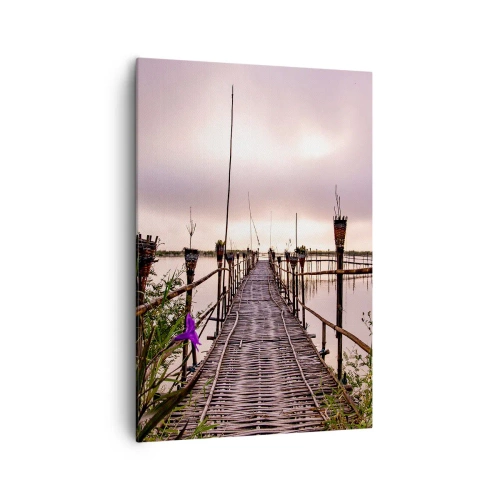 Cuadro sobre lienzo - Impresión de Imagen - Puente de bambú sobre el agua al amanecer - 70x100cm - La tranquilidad de Asia - Decoración de pared moderna para salón y dormitorio ARTTOR