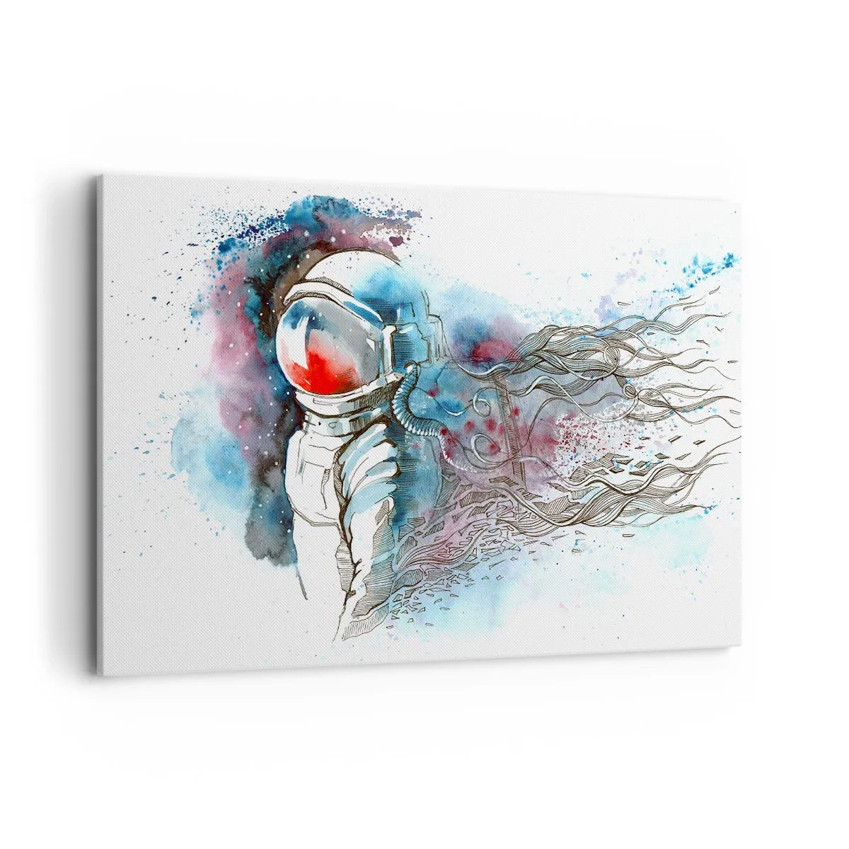 Cuadro sobre lienzo - Impresión de Imagen - Un cosmonauta en una acuarela dinámica con detalles cósmicos. - 120x80cm - A solas con el cosmos - Decoración de pared moderna para salón y dormitorio ARTTOR