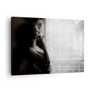 Cuadro sobre lienzo - Impresión de Imagen - Una mujer en una pose sensual en una fotografía en blanco y negro. - 70x50cm - Un momento sensual - Decoración de pared moderna para salón y dormitorio ARTTOR