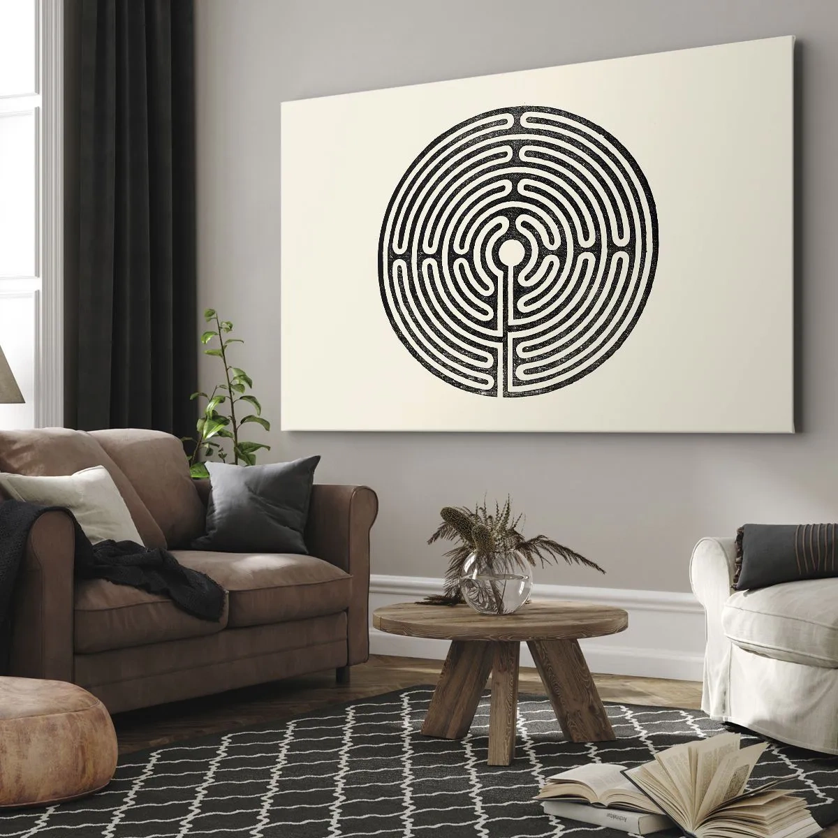 Cuadro sobre lienzo - Impresión de Imagen - Laberinto circular en blanco y negro sobre un fondo claro - 70x50cm - Orden misterioso - Decoración de pared moderna para salón y dormitorio ARTTOR