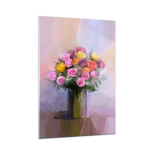Cuadro sobre vidrio - Impresiones sobre Vidrio - Un ramo de rosas en un jarrón de cristal sobre un fondo pastel. - 50x70cm - Belleza inmortalizada - Decoración de pared moderna para salón y dormitorio ARTTOR