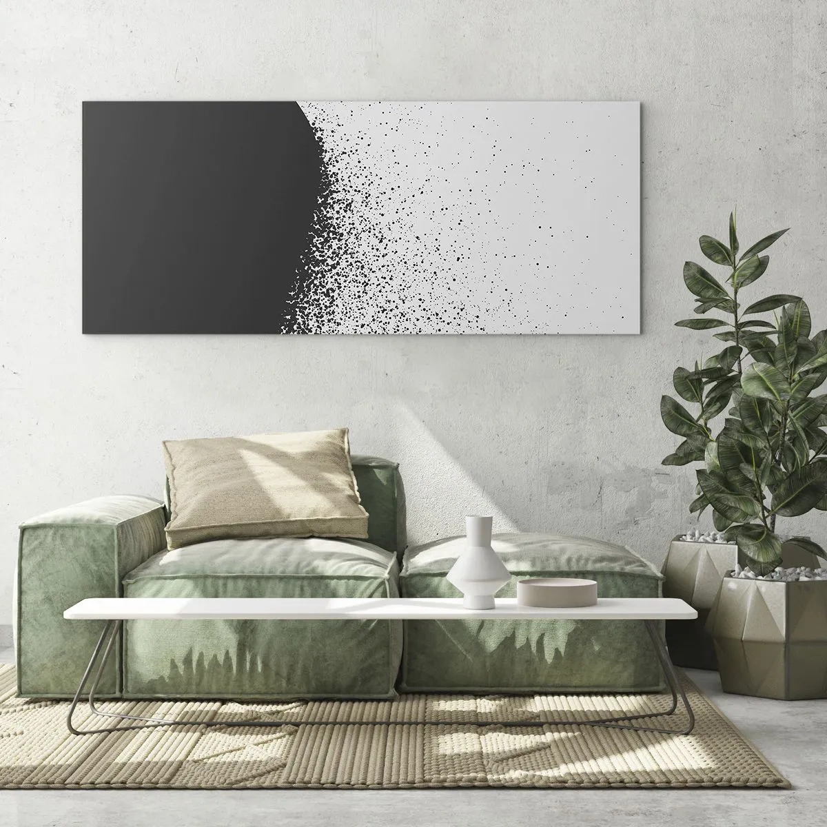 Cuadro sobre vidrio - Impresiones sobre Vidrio - Patrón abstracto con partículas negras sobre un fondo claro - 140x50cm - El movimiento de las partículas - Decoración de pared moderna para salón y dormitorio ARTTOR