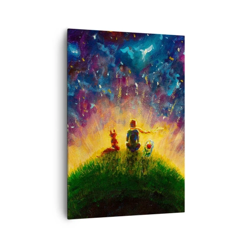 Cuadro sobre lienzo - Impresión de Imagen - Figuras en una colina verde rodeada de un cielo estrellado. - 70x100cm - Amor y amistad - lo único entero - Decoración de pared moderna para salón y dormitorio ARTTOR