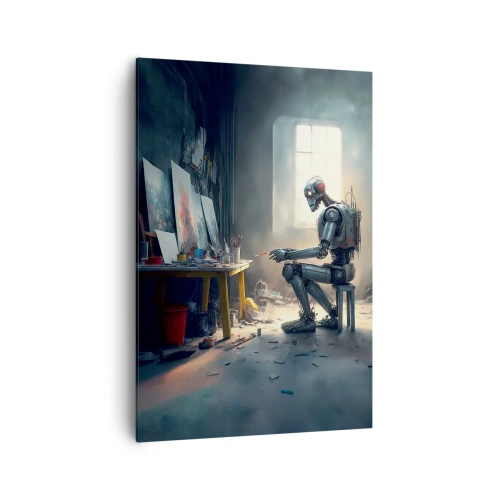 Cuadro sobre lienzo - Impresión de Imagen - Un robot pintando un cuadro en un estudio de arte. - 70x100cm - El acto de creación - Decoración de pared moderna para salón y dormitorio ARTTOR