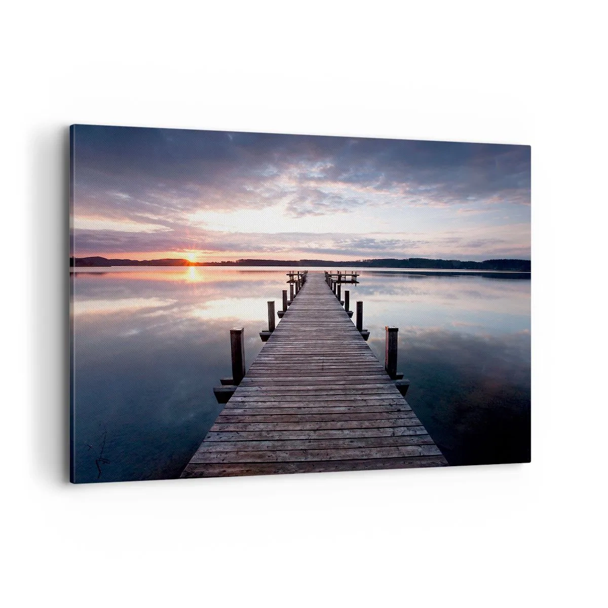 Cuadro sobre lienzo - Impresión de Imagen - Un muelle en un lago al atardecer en un paisaje tranquilo. - 120x80cm - Frontera silenciosa del día y la noche - Decoración de pared moderna para salón y dormitorio ARTTOR