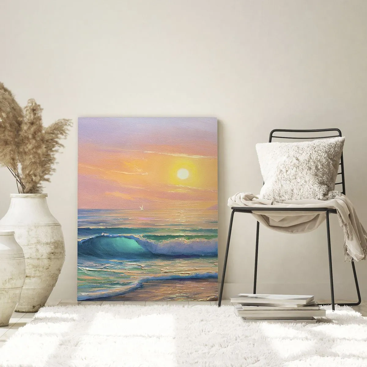Cuadro sobre vidrio - Impresiones sobre Vidrio - Paisaje marino con puesta de sol - 70x100cm - El canto turquesa de las olas - Decoración de pared moderna para salón y dormitorio ARTTOR